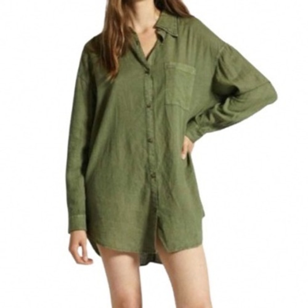 Brixton Women Medium Army Green Linen Blend Button Down Shirt Dress Relaxed